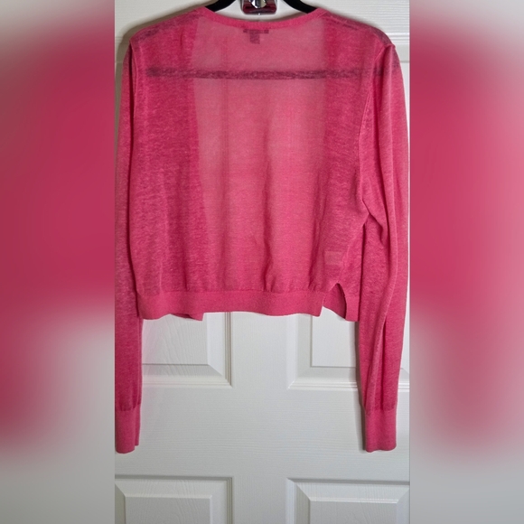 Ann Taylor M Punch Pink Lngslv Knit LINEN Blend Cropped Women’s Open Cardigan - Picture 9 of 9